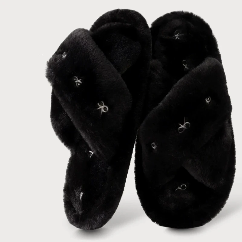 Bowknot Embroidery Plush Slippers Women Fashion Cross Strap Indoor Cotton Slides Woman Flat Heel Home Furry Slippers Mujer