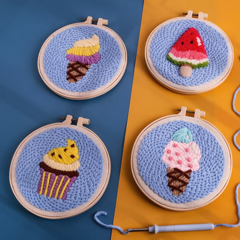 Dia.15cm Punch Needle Embroidery Kits for Beginners Soft Yarn Sweet Ice Cream Embroidery Craft Kit