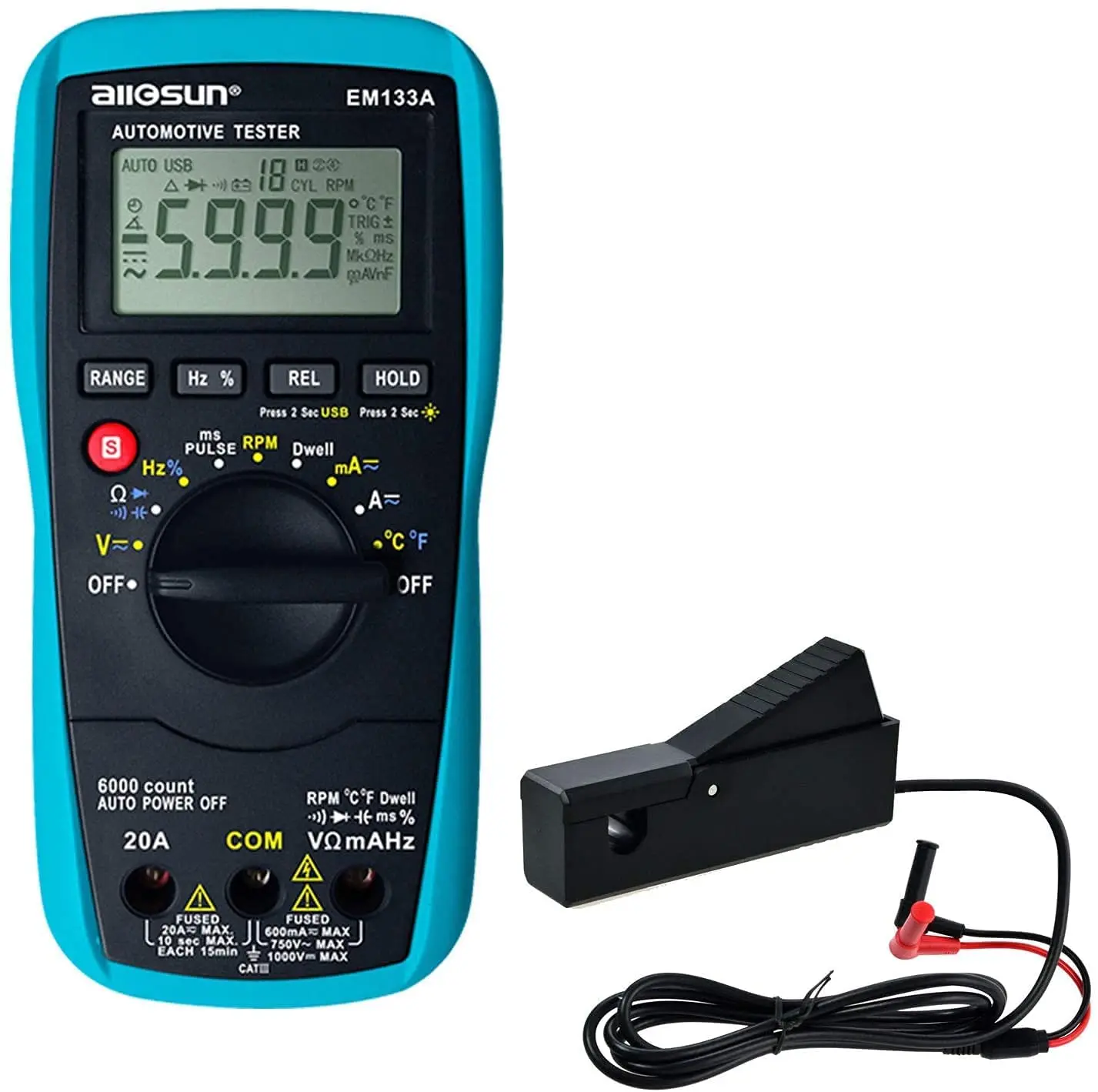 

Dwell Meter Digital Multimeter Autoranging TRMS 5999 Counts ACA/DCA Max.20A for RPM Dwell Angle Pulse Width Tach Temperature Dut