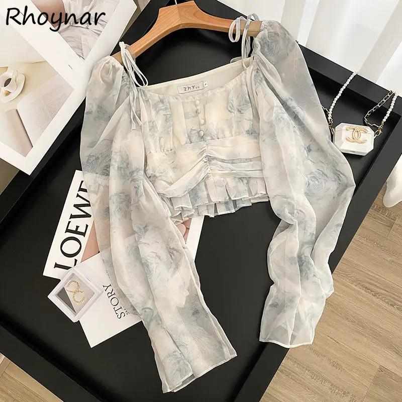 

Blouses Women Square Collar Summer Long Sleeve Sweet French Style Tender Slim Cropped Print Girlish New Ins Casual Temperament