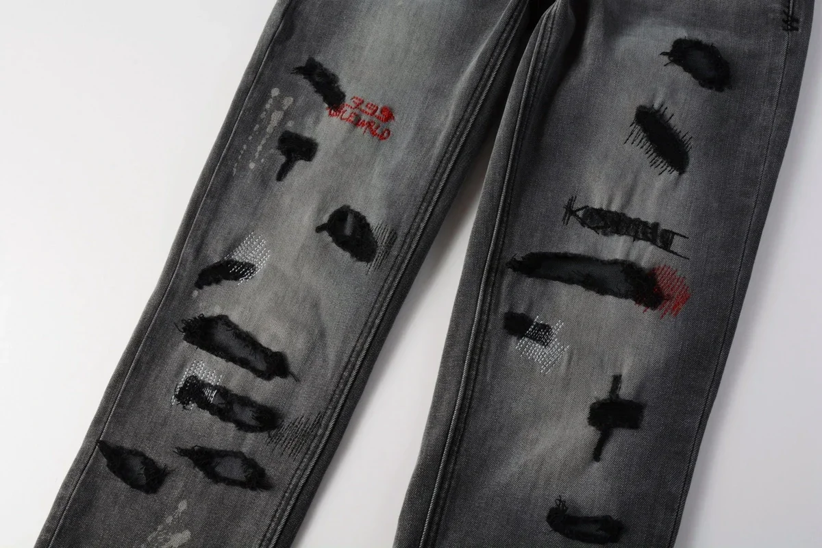 KSUBI Cross Jeans American High Street Splashing ink graffiti Hole Trend Low Rise Skinny Denim Pants Ripped patch Letter Jeans