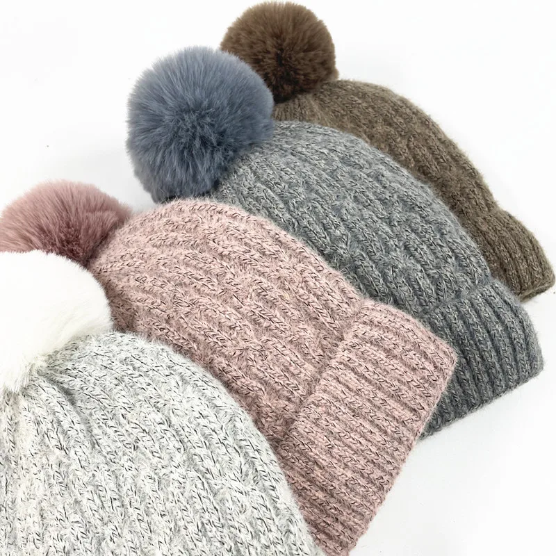 

Warm Wool beanie cap with fur pom pom New winter women girls thick velvet plush knitted hat Twist pattern Skullies caps Gorros