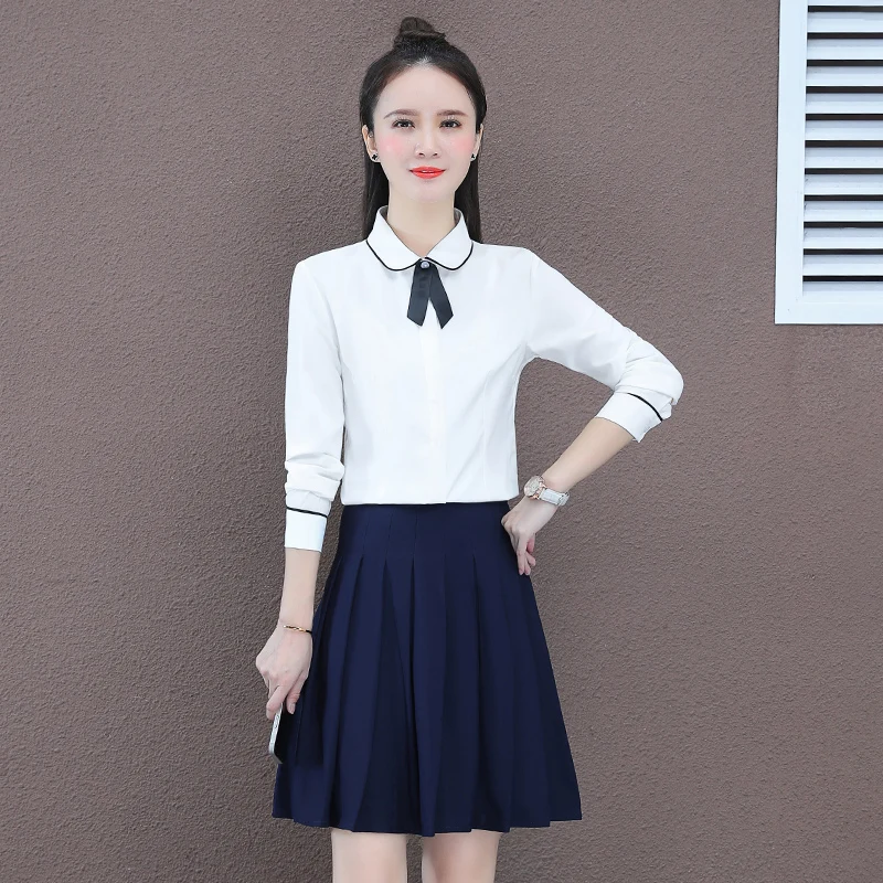 

Spring Autumn Korean College Style Suit Women Fashion Age Reducing White Long Sleeved Bow Tie Shirt Pleated Skirt Two-Piece Set