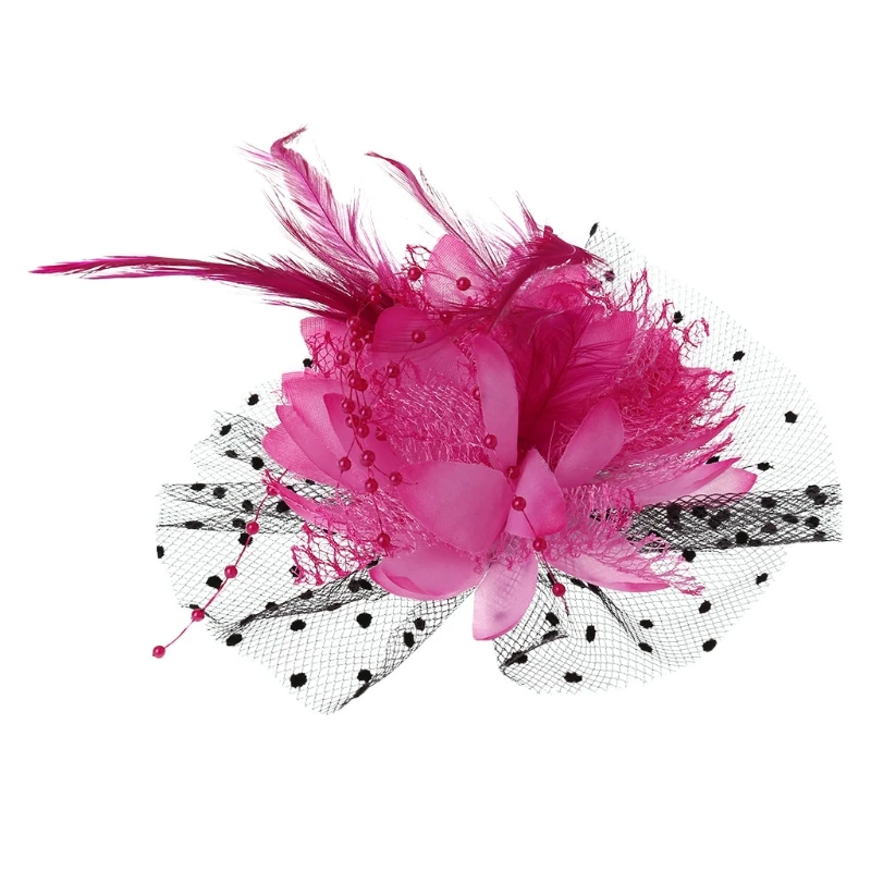 4XBF Fascinators Hats Solid Color Flower Mesh Hat Cocktail Tea Party Headwear with Feather Faux Pearl for Girls and Women