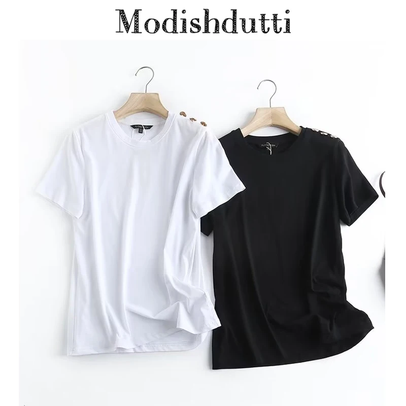 

Modishdutti высокое качество 2024 Женская весенне-летняя белая шикарная футболка с металлическими пуговицами Повседневная однотонная простая футболка Женские топы