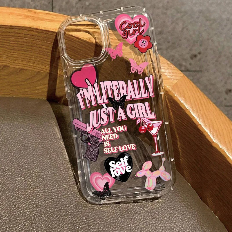 Funda transparente con estampado de eslogan Ins Vibes de dibujos animados para iPhone 16, 15, 14, 13, 12, 11 Pro Max, 14, 15, 7, 8 Plus, X, XR, XS Max, SE2, funda de airbag