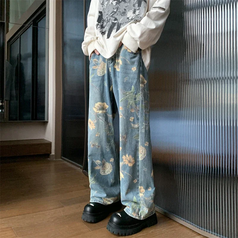 Printed Jeans Men's High Street Vintage Retro Spring Autumn Denim Loose  Straight Washed Wide-leg Pants Casual Cowboy Trousers - AliExpress