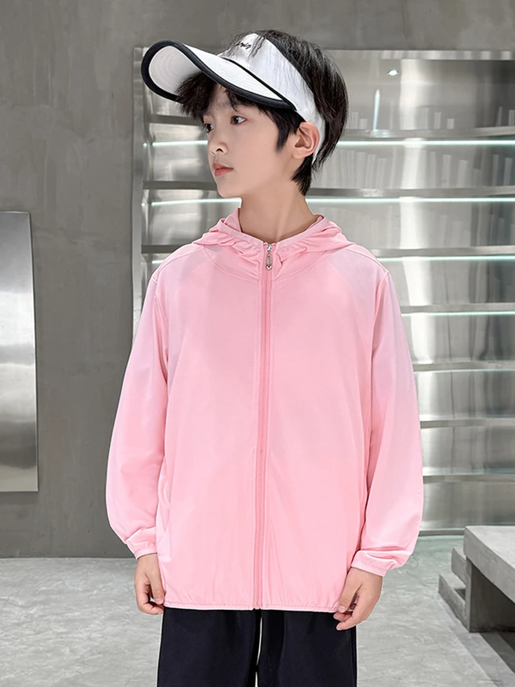 아동용 경량 통기성 자외선 차단 의류 아이스 실크 선스크린 아웃웨어 여름용 얇은 스탠다드 핏 후드 지퍼