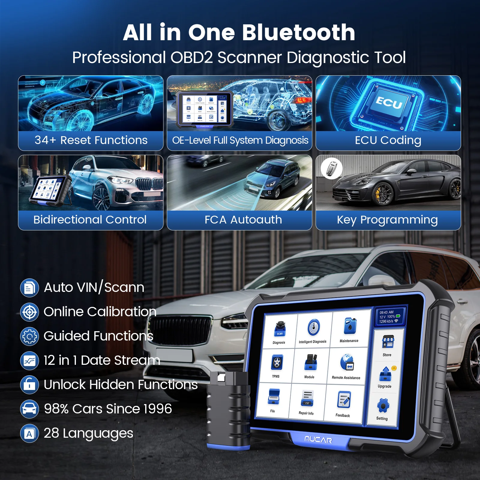 글로벌 버전 MUCAR VO8 전문 Obd2 진단 도구 OE 레벨 전체 시스템 진단 Obd 2 스캐너 ECU 코딩 양방향 활성 테스트 도구 34 재설정 64GB ROM 저장