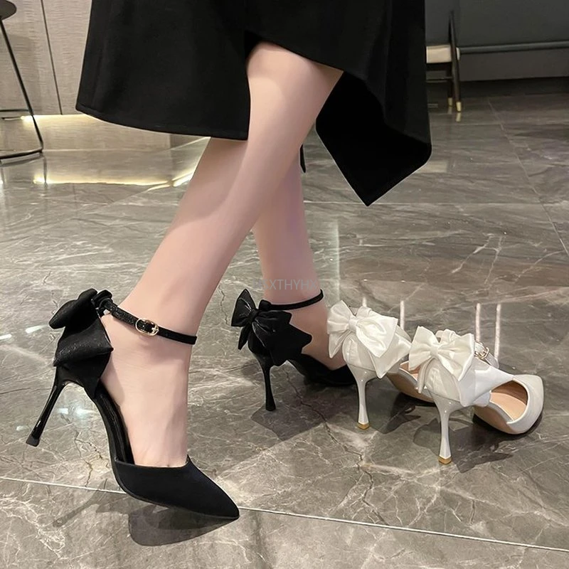Zapatos elegantes para mujer, tacones altos, tacones aguja Sexy, tacones de novia blancos y negros, calzado de verano con lazo| | - AliExpress
