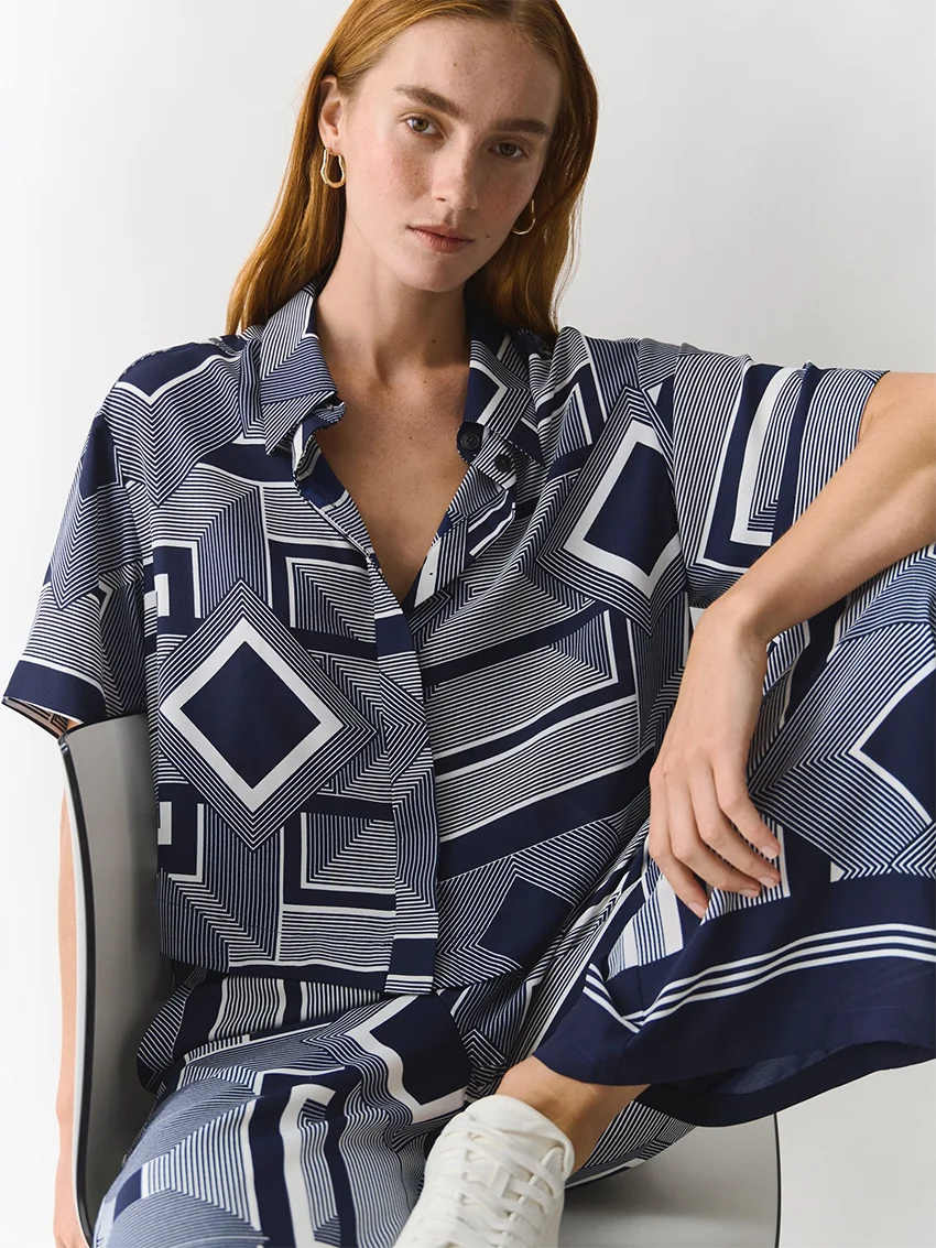 Marthaqiqi Printing Female Pajamas Set Half Sleeve Nightgowns Turn-Down Collar Sleepwear Pants Summer Fashion Women Nightie Suit