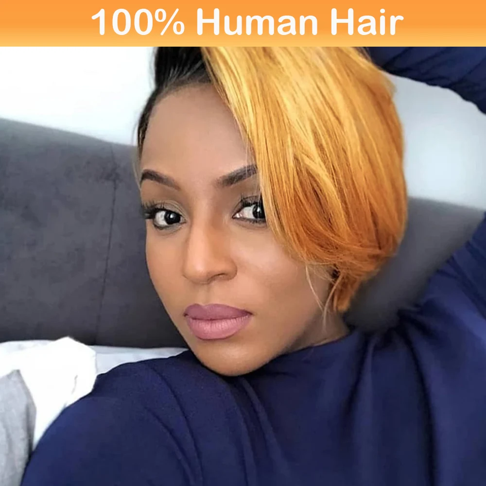 Short Straight Bob Pixie Cut Wig Ombre Human Hair Honey Blonde Pixie Wigs For Black Women Preplucked Part 13X4X1 Lace Wig for Wo