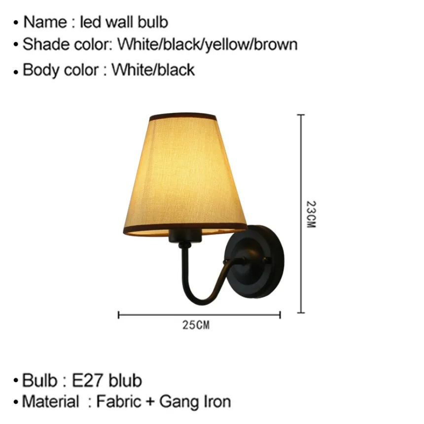 모던 LED 벽 램프, 레트로 E27 크리에이티브 원단 벽 램프, 블랙, 화이트, 구리, 실내 침대 옆, 침실, 거실, 호텔 램프