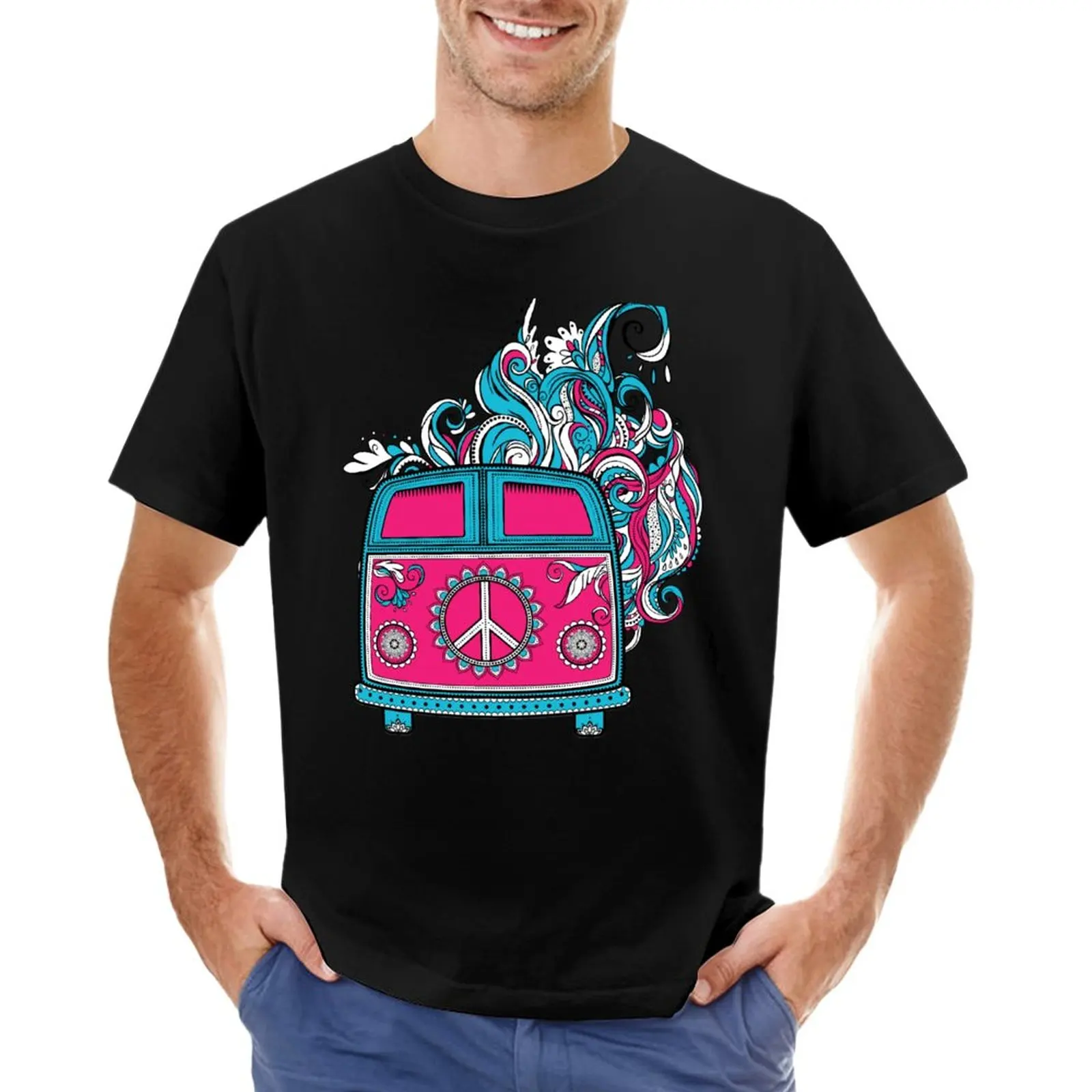 

VINTAGE RETRO SUMMER CAR WITH PEACE SIGN HIPPIE 60s AND 70S TIE DYE T-Shirt summer tops Short sleeve tee mens workout shirts