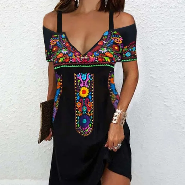 

Women Print Dresses V Neck Off Shoulder Splice Midi Dress Sexy High Waist A Line Casual Vestidos Ladies Bohemian Regular