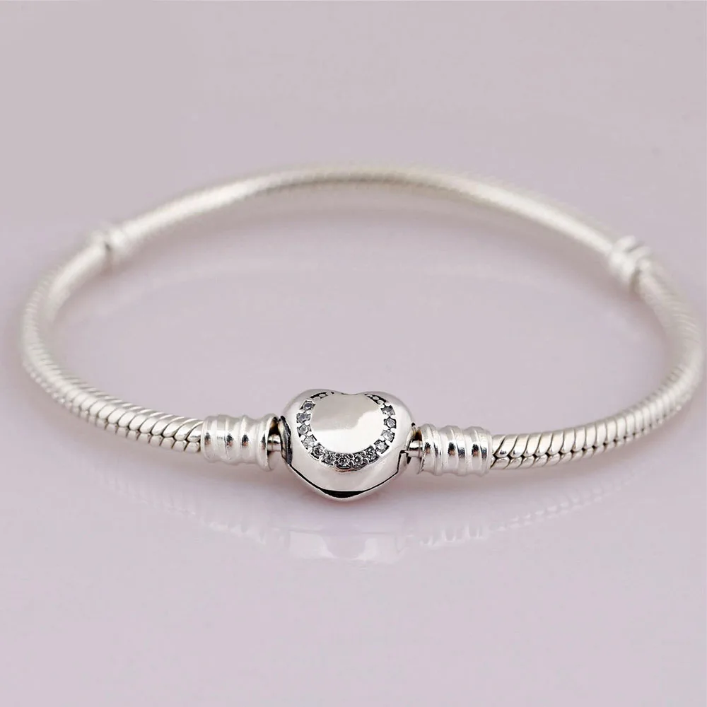 

Authentic 925 Sterling Silver Moments Signature Heart Fashion Snake Chain Bracelet Fit Women Bead Charm Gift DIY Jewelry