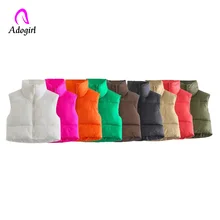 

Double-pocket Stand-up Collar Zipper Solid Colour Cotton Vest Sleeveless Duck Down Coat Drawstring Parka Loose Female Outwear