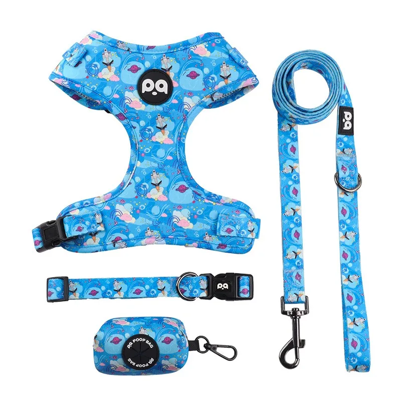Dog harness collar leash, bracket with poo bag 4 sets, adjustable non-pull soft net cushion back heart, combination Dog harness collar leash, bracket with poo bag 4 sets, adjustable non-pull soft net cushion back heart, combination
