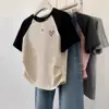 Summer New Women's ort Sve T-irt round Ne Casual Print Splicing Design Korean Sle oulder Insertion ort Length