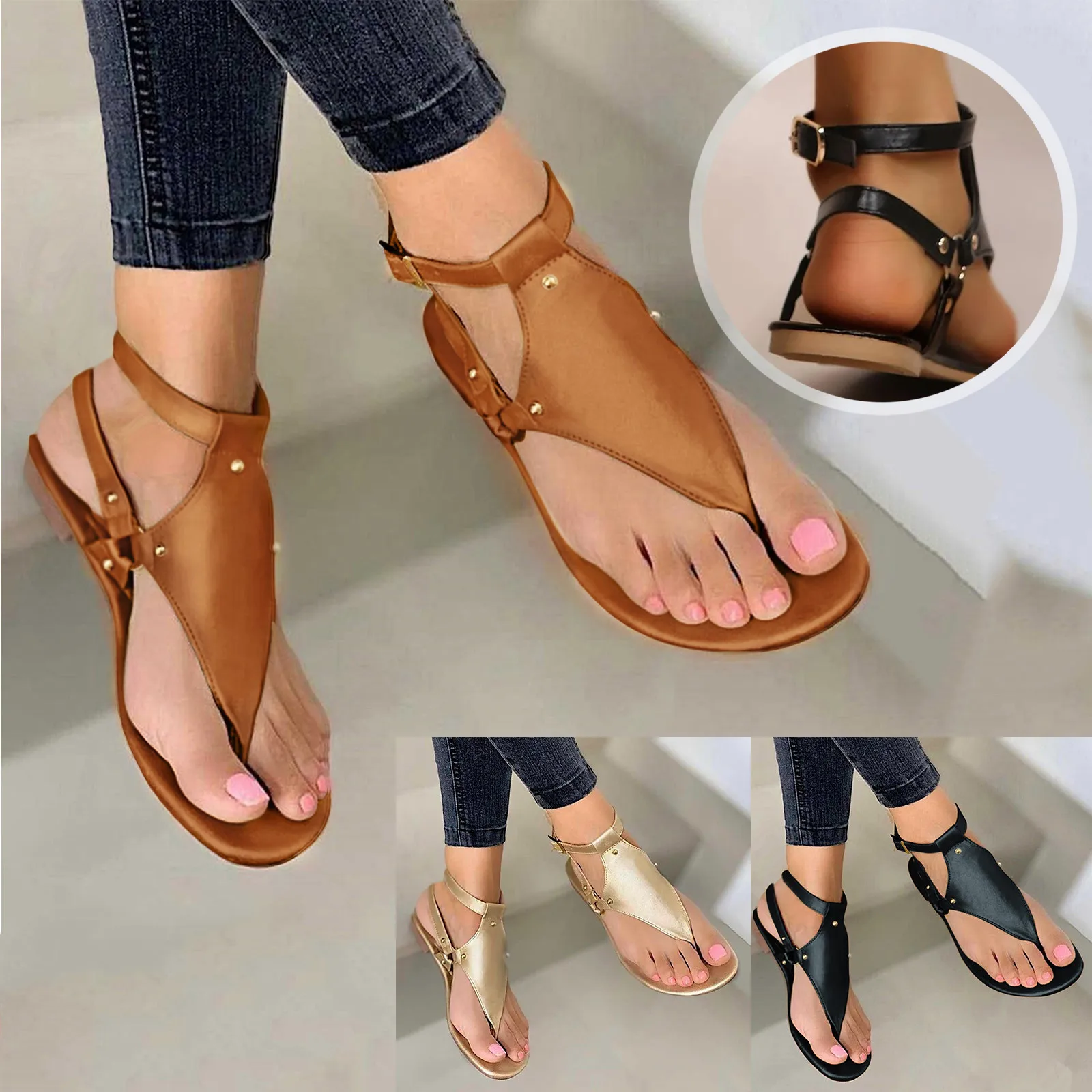 Women's Flat Sandals Square Open Toe Ring Slip On Cross Strap
