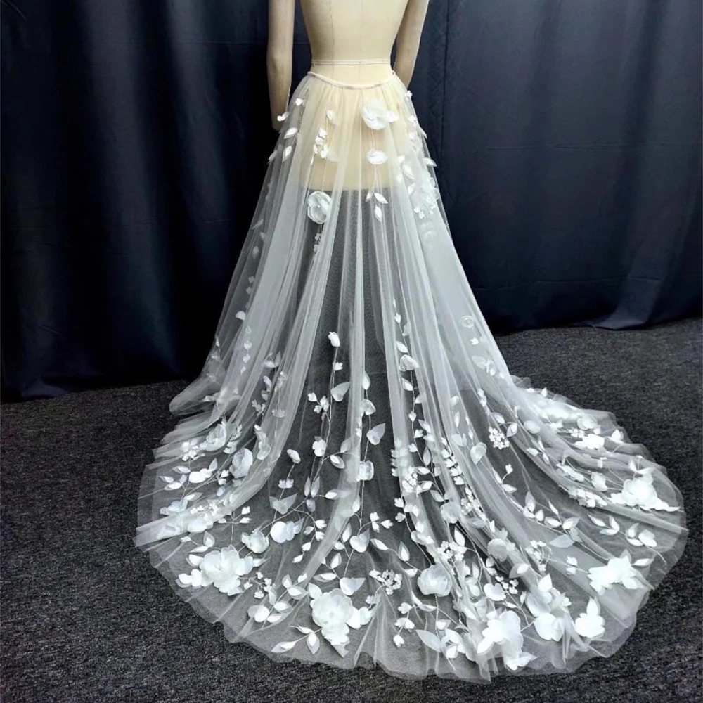 3D Flowers Detachable Bride Skirt Wedding Hem Drag Wedding Lace Tulle Skirt Train Customized