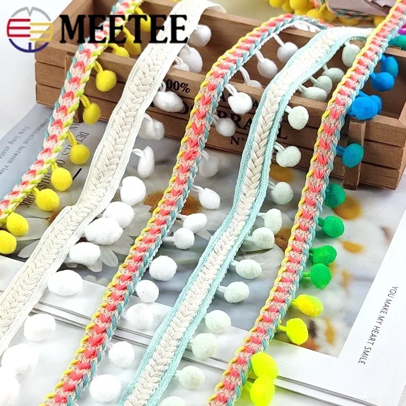 Meetee Pom Trim Ball Fringe Ribbon Beige White Tassel Lace Knitted Fabric Beaded Handmade Craft Decor Sewing Accessories 2Yards lace ribbon,lace sewing supplies,lace sewing accessories,lace accessories,lace garment accessories,lace decoration,pom pom trim