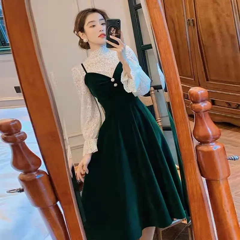 Fashionable Outfits For Women 2023 Spring Autumn New Lace Bottom Shirt Waist Waist Slimming Slim Hanging Dress Two Piece Set