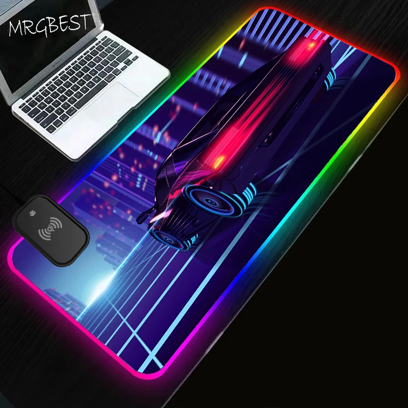 

Car Night Vaporwave Mousepad Rgb Palm Trees Wireless Charging Mouse Pad Gaming Accessories Office Desks Gamer Carpet Desk Pad