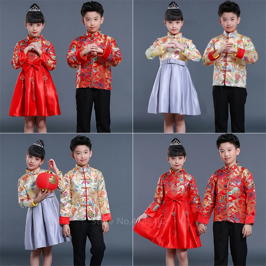Boy Girl Chinese New Year Clothes Traditional Dragon Embroidery Tang Suit Kids Stage Party Festival Oriental Hanfu Clothing