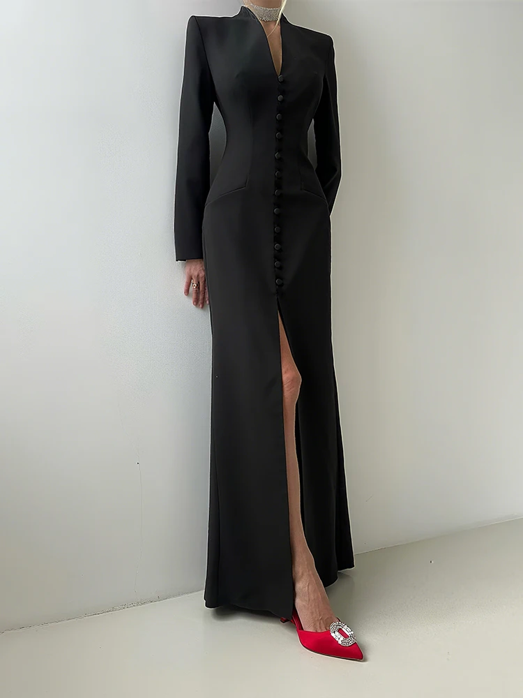 Nibber Office Style Maxi Dress Woman Sexy High Splits Autumn Trend V-Neck Zip Full Sleeve Street Fashion Skinny Elegant Vestidos