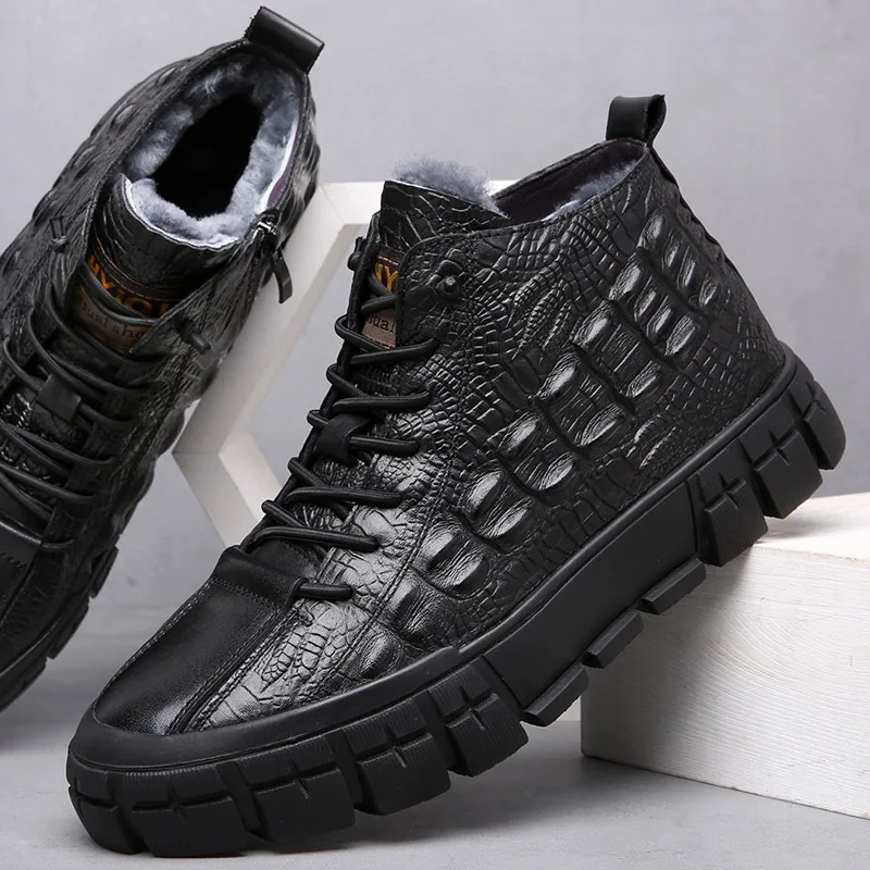 

Winter New Men's Genuine Leather Wool Boots British Style Luxury Side Zip Warm Shoes Outdoor Men Anti-skid Fur Boots Black M2719