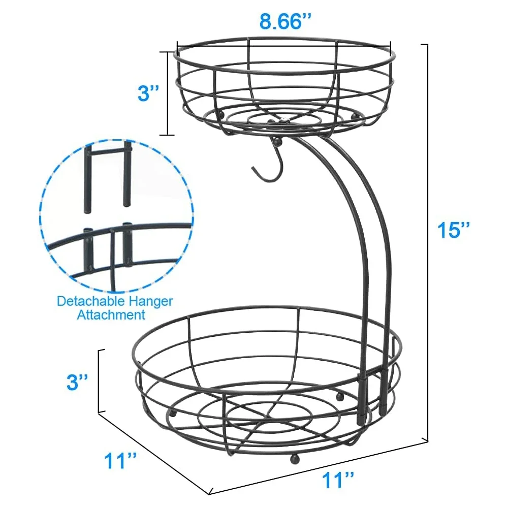 

Вместительная миска с бананом, большая настольная черная корзина для овощей и фруктов, 2-слойный лоток, съемный Волан с крючком
