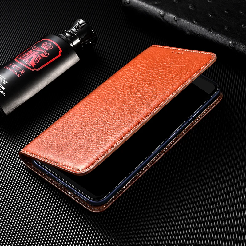 Litchi Pattern Genuine Leather Flip Phone Case - Stylish Protective Cover