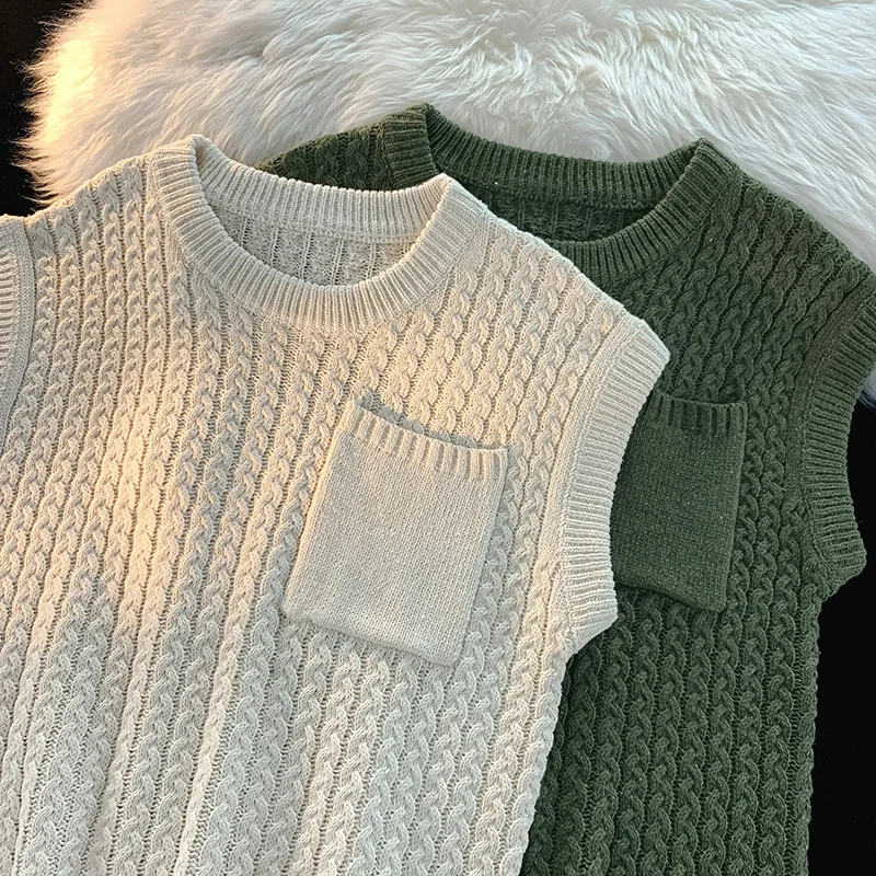 Sweater Vest Men Winter Students Knitwear Harajuku Round Neck Pockets Handsome Casual Streetwear Unisex S-3XL Preppy Stylish Ins