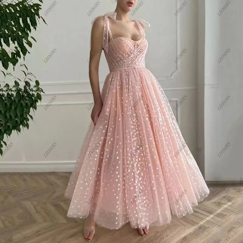 

Fairy 2024 Pink Heart Print Prom Dresses Sweetheart Tulle Bow Straps Ankle Length Evening Gowns Backless A-Line Formal Party