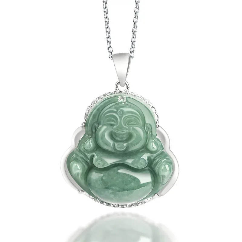 

Burmese Jade Maitreya Pendant Accessories Charms Natural Vintage Choker Amulets 925 Silver Necklaces Green Jadeite Necklace