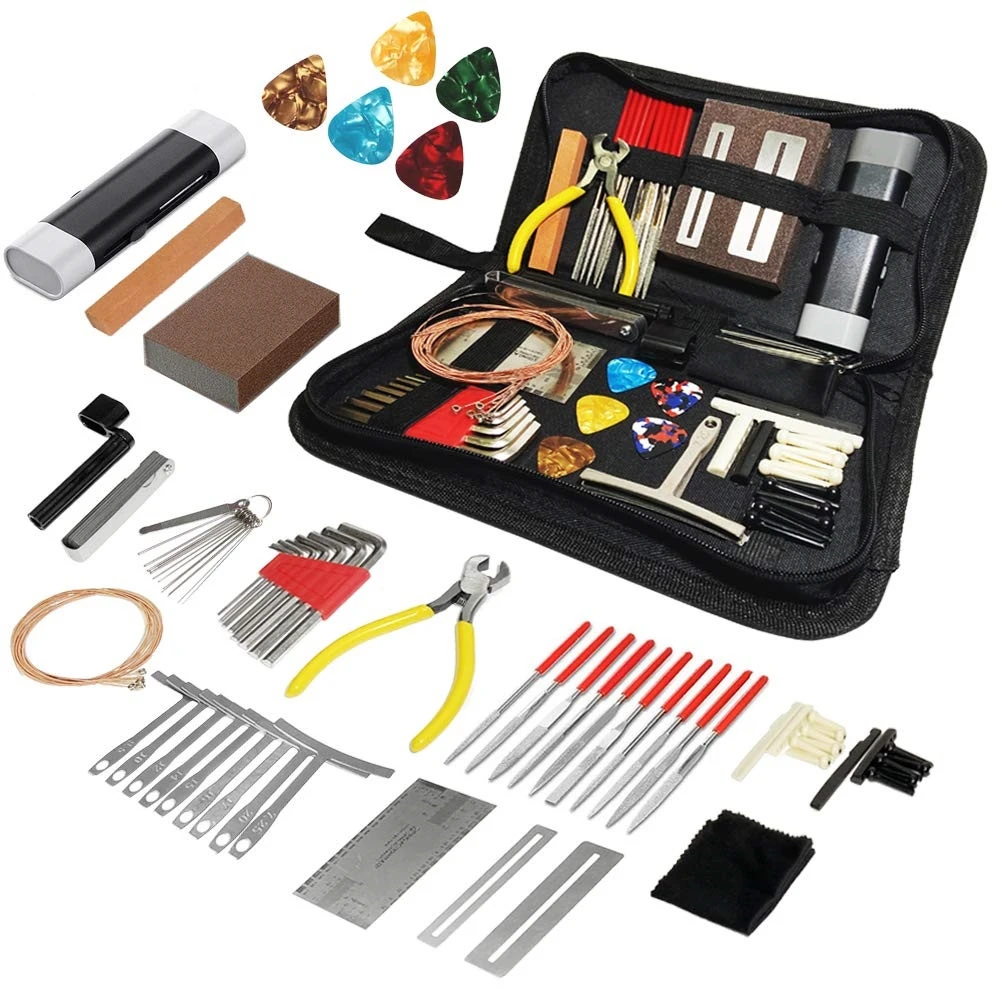 

72 Pcs Guitar Tool Set Guitar Repairing Maintenance Tool Kit with Guitar Strings Picks Bridge Pins Gauge Guitar Part Accessories