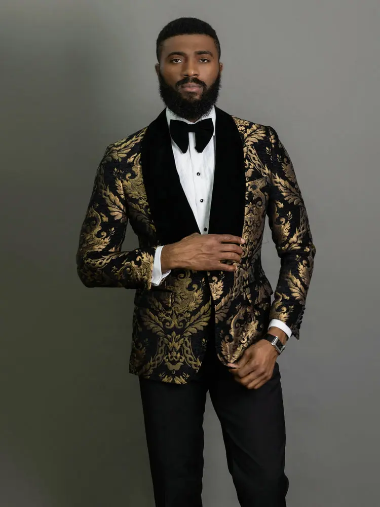 New Elegant Costume Homme Shawl Lapel Black Jacquard Dinner Party Groom Wear Men Wedding Suits For Men Prom Tuxedo Blazer