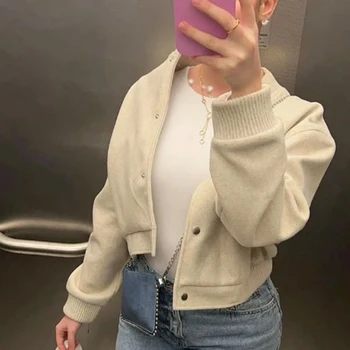 HXAO Demi-Season المرأة Bomber سترة فو الصوف معاطف اقتصاص سترة طويلة الأكمام الطيار سترة امرأة ملابس خارجية زر سترة 2