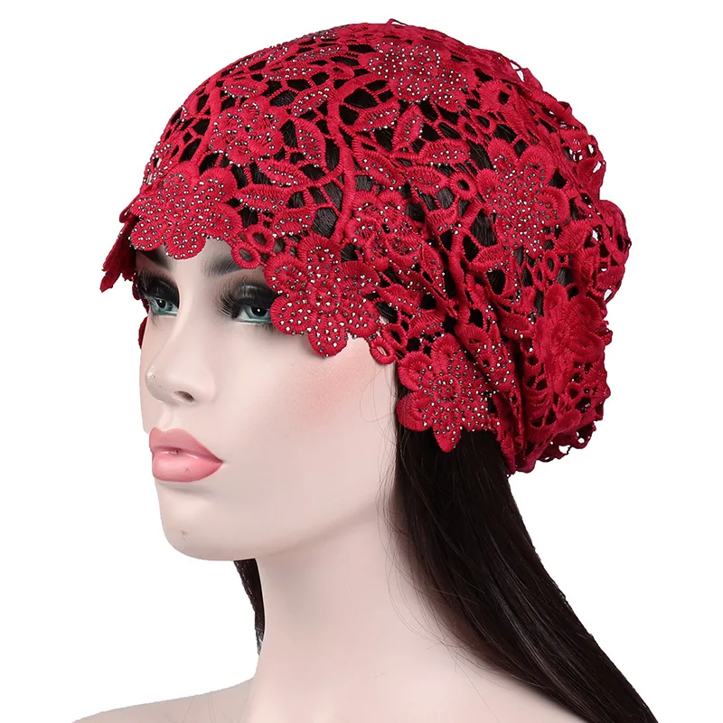 Beanies Hat Female Ethnic Style Flower Hat Hollow Single Layer Sleeve Cap Rhinestone Retro Women Dual-purpose Turban Hat Muslim 6