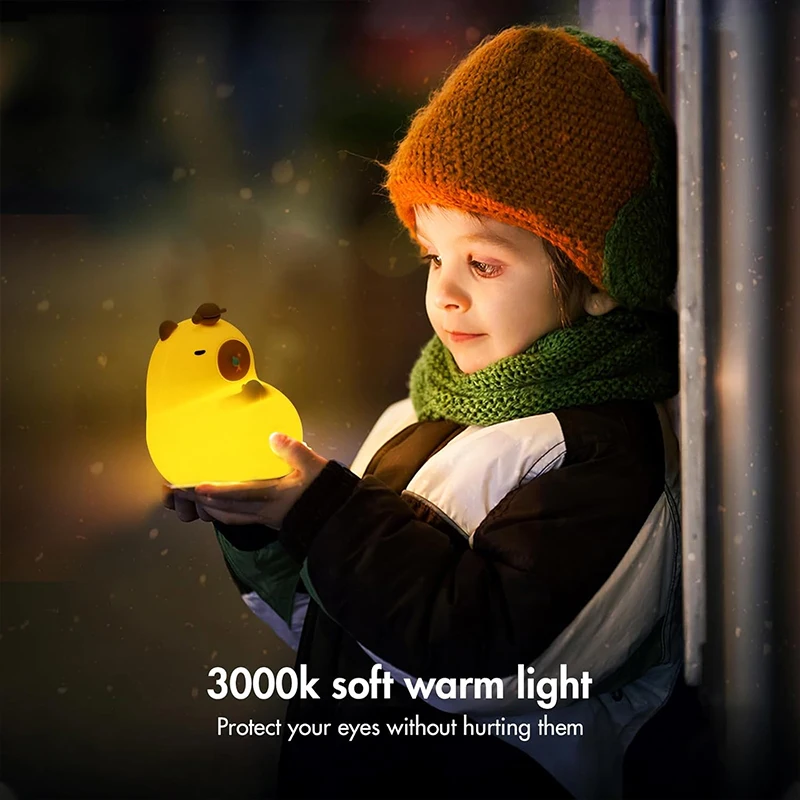 Capybara Night Light - Soft Silicone Nursery Lamp with 7-Color LED, Dimmable Warm Glow, Tap Control & Timer