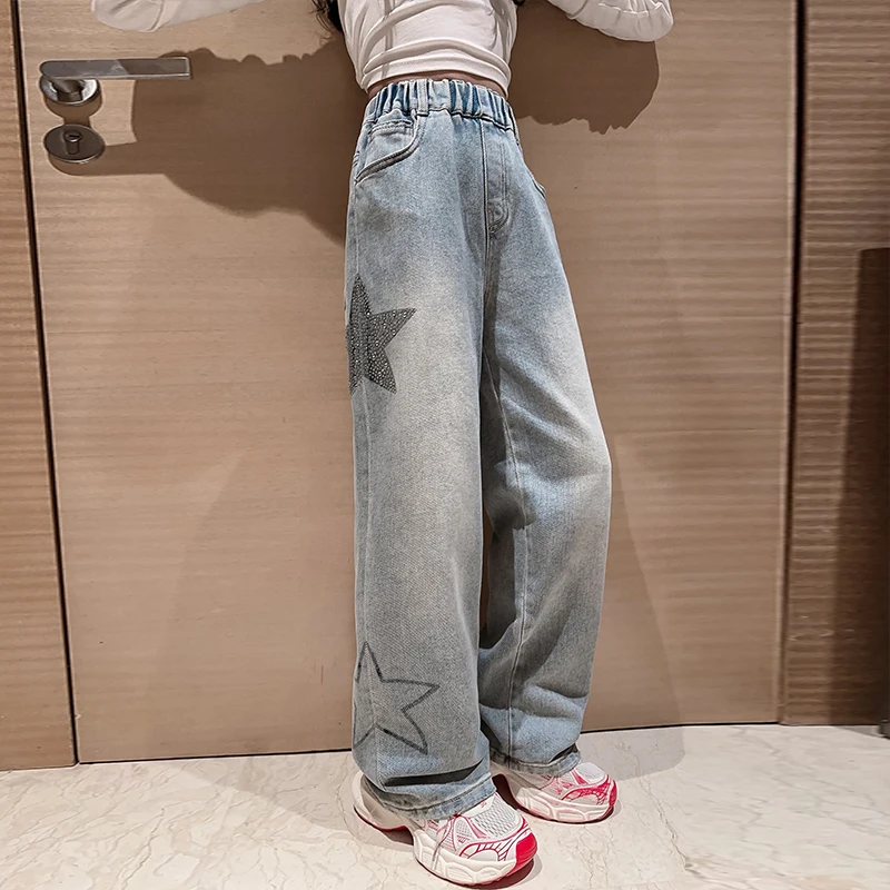 

Джинсы для девочек, популярные Широкие штаны со стразами и пятиконечными звездами, повседневные свободные брюки с широкими штанинами для маленьких детей, брюки для подростков и школьников