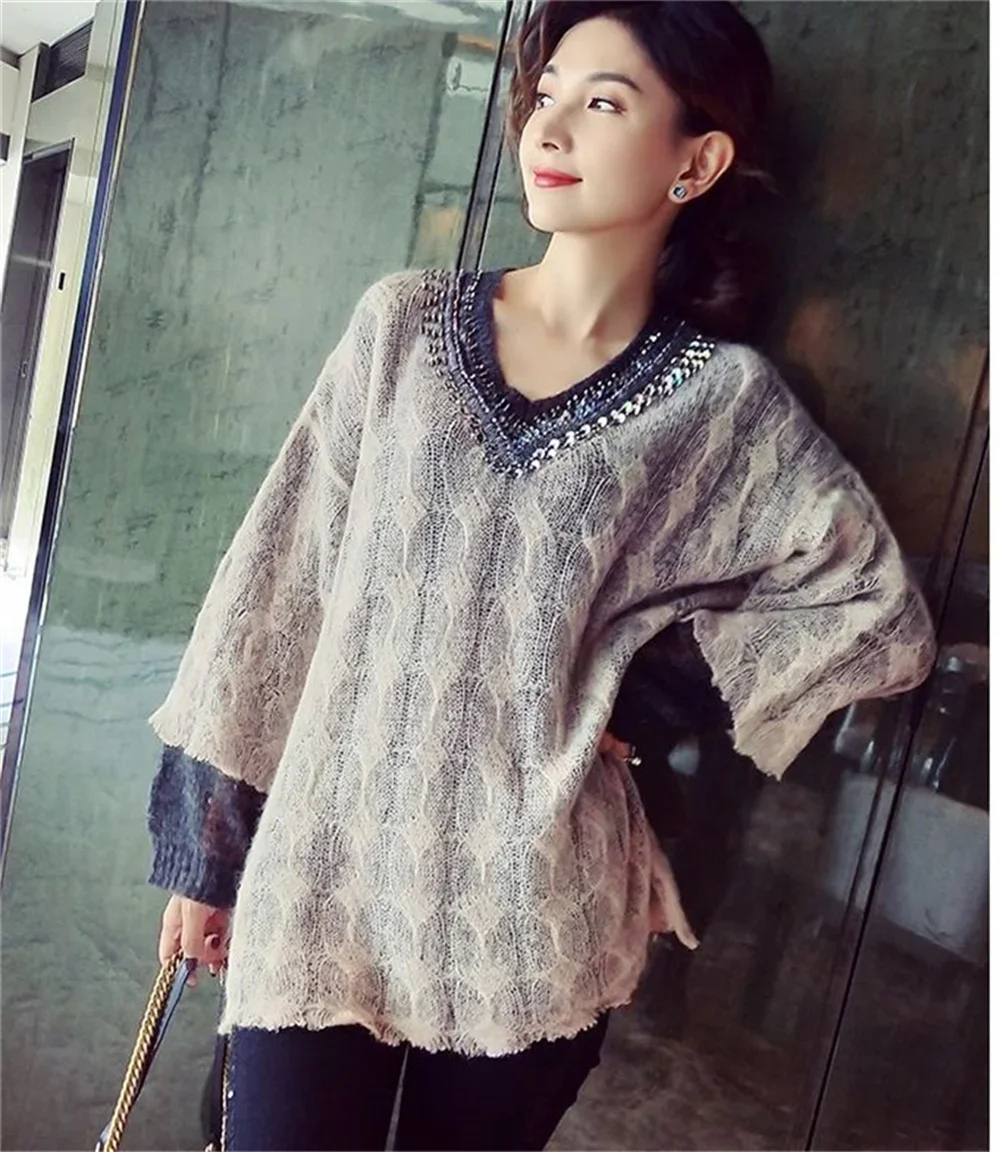 

Spring Autumn Twist Sequined Women Sweater Ethnic V Neck Cashmere Jumper Patchwork Wool Knitwear Hole Loose Knit Pullover