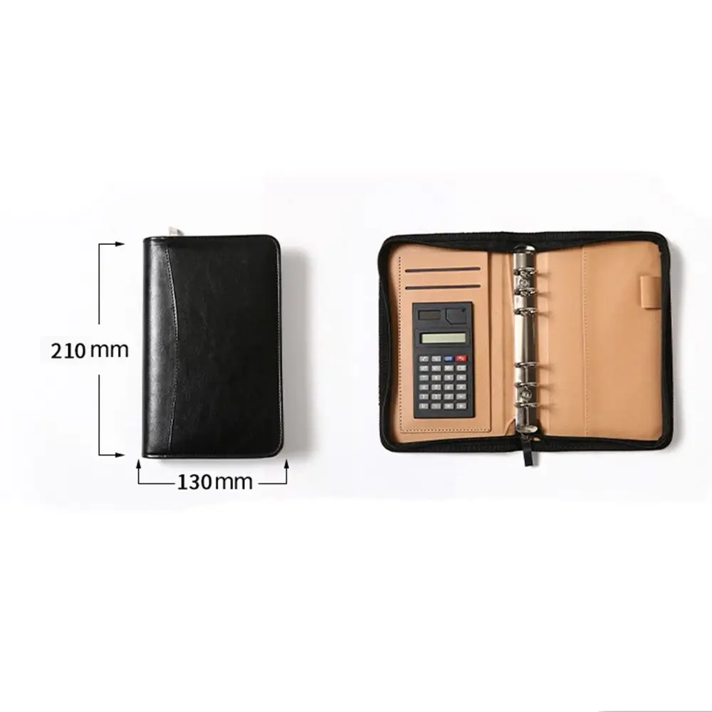 With Calculator A6 Leather Notebook New PU Leather Folder Cover Business Notebook Zipper Bag Loose Leaf Notepad Business