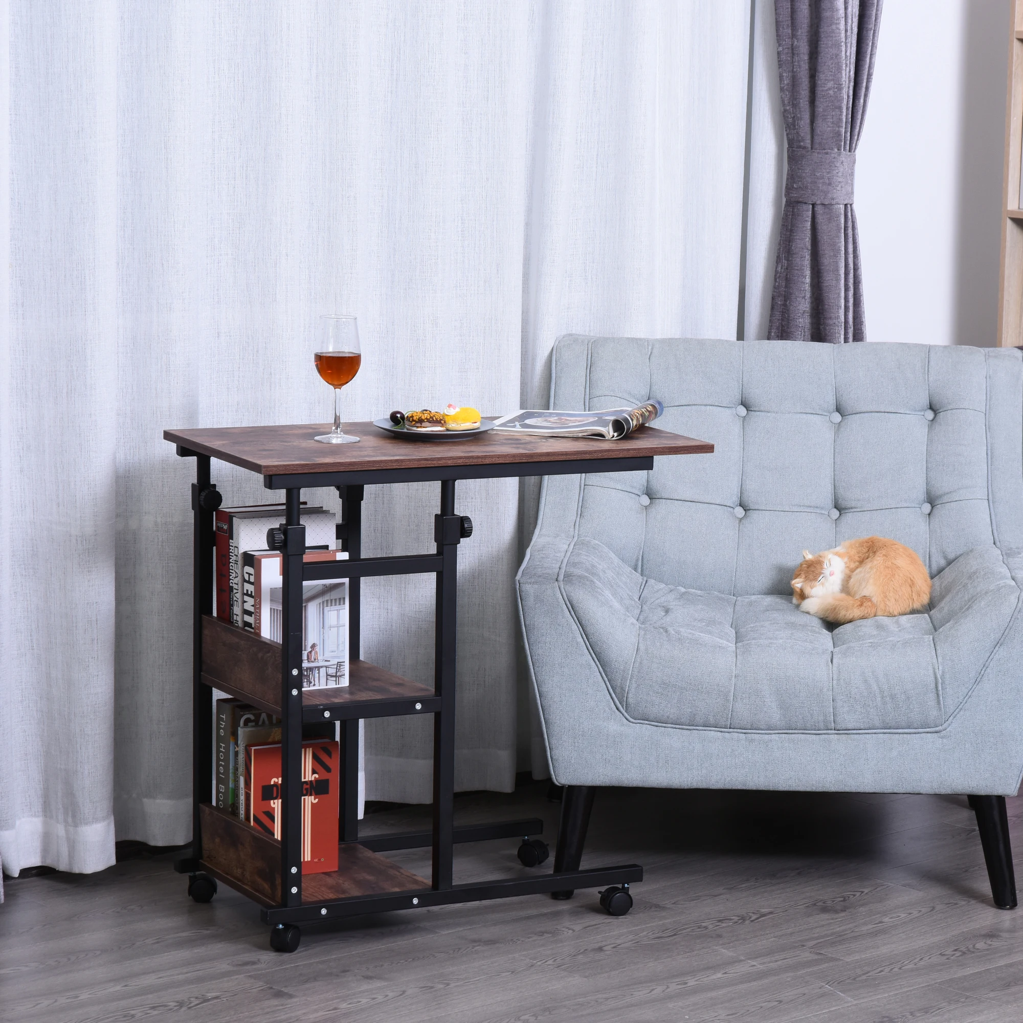 C-Shaped Mobile Sofa Bed Side Table Adjust Height 3-Tier Cart W/ Casters, Brake 2
