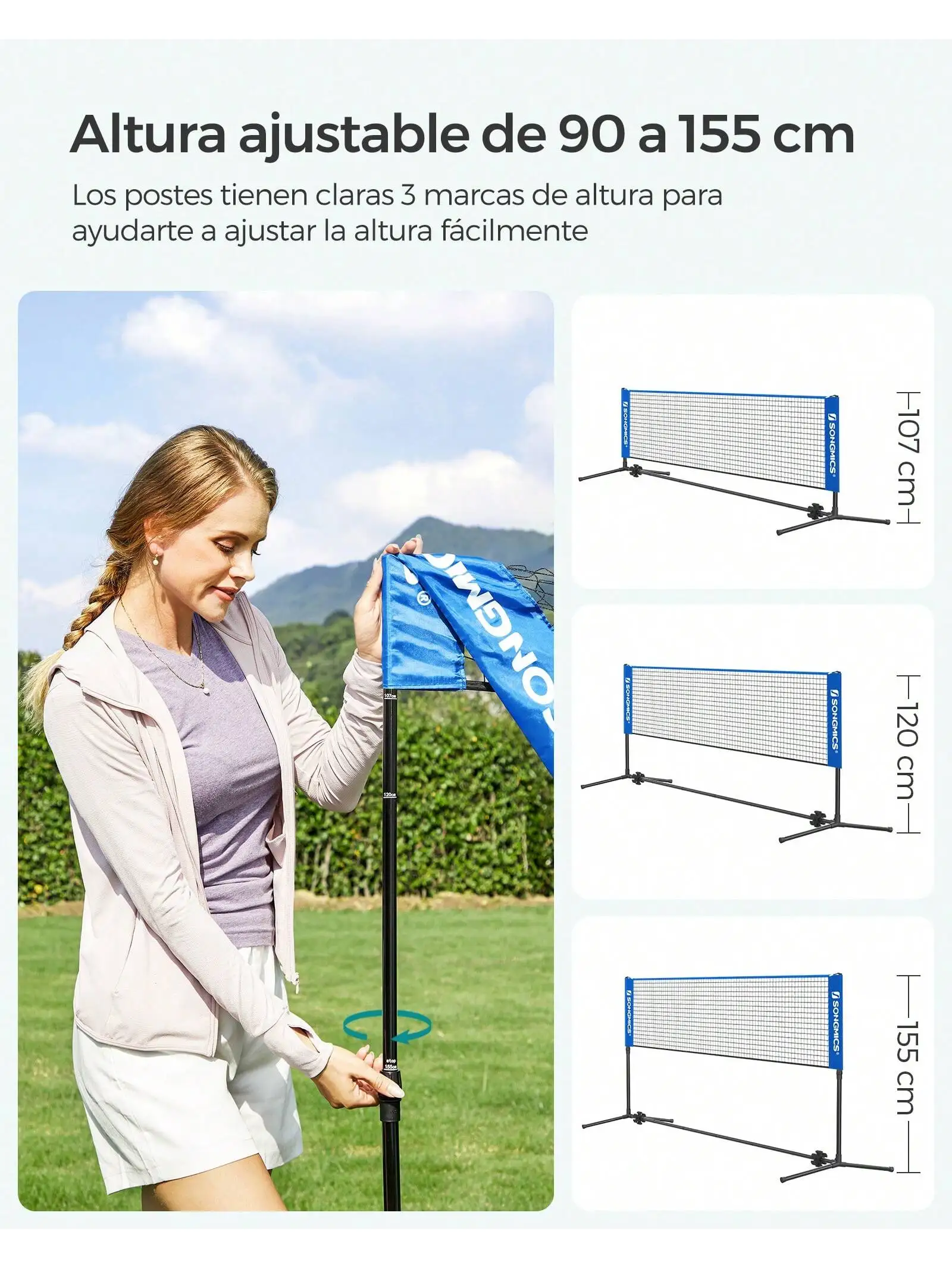 Rete Multisport Portatile 4m/5m - Per Badminton, Tennis E Pallavolo, Altezza Regolabile 89-155 Cm - Foto 3