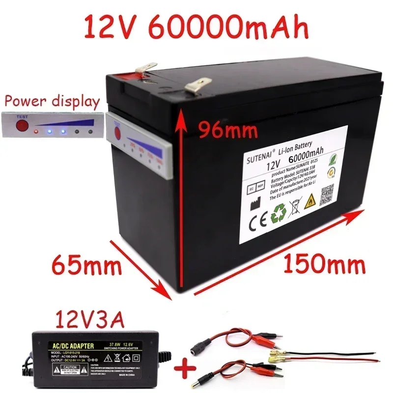 

New power display 12v60a 18650 lithium battery pack is suitable for solar energy and electric vehicle battery + 12.6v3a charger