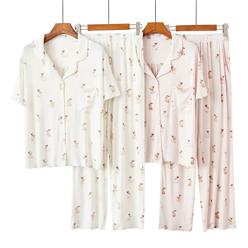 Spring Summer Woman Pajama Two-Piece Set Fashion Casual Short Sleeve Pajamas Elegance Loose Printed Rabbit Trousers Loungewear