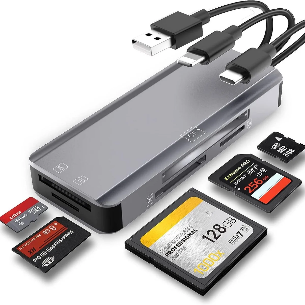 All in One Memory Card Reader CF/SD/TF/Micro SD/M2/MS Card Reader Adapter With USB/USB C/Lightning 3Ports Plug and Play