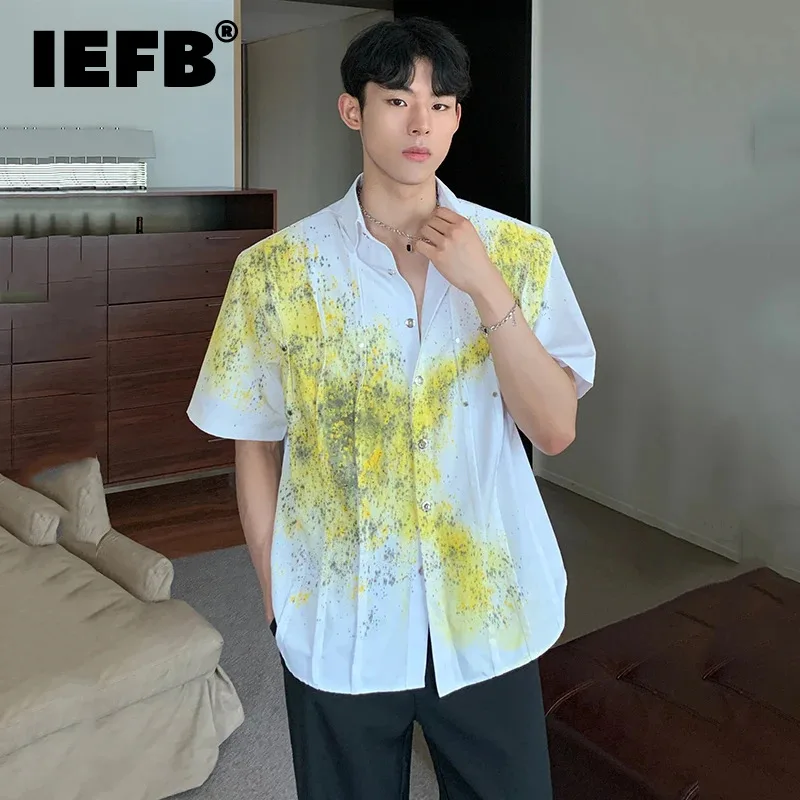 

Рубашка IEFB 9C6783 Мужская плиссированная с заклепками, блузка с коротким рукавом и отложным воротником, с плечевыми подушечками, с защипами от брызг, цвет контрастный, лето